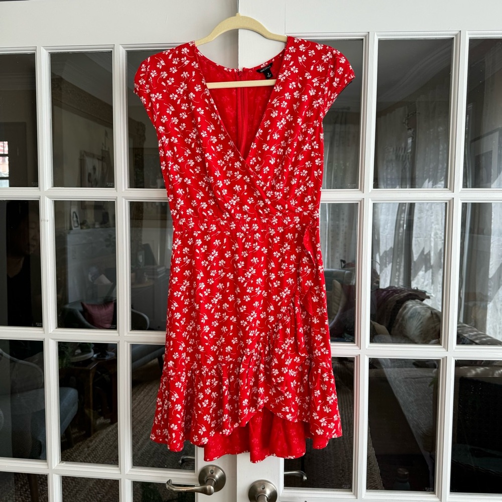 red and white floral wrap dress